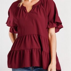 Umgee Bell Ruffle Sleeve Tiered Oversized Short Sleeve In Burgundy. NWT! Sz S
